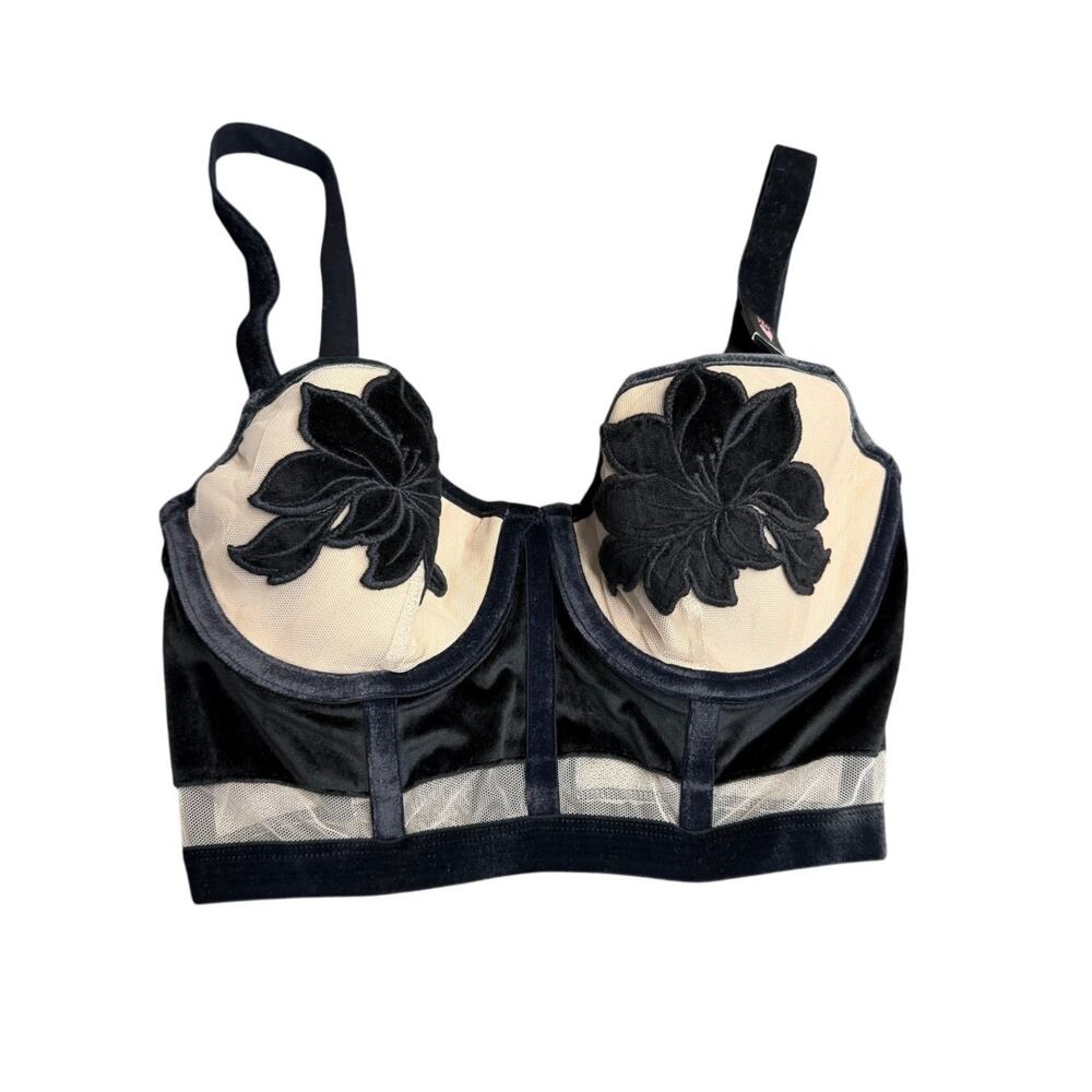 Victoria's Secret 32D Velvet Mesh Longline Demi Bra Black Floral NWT $64.50